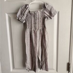Jessica Simpson Cream and Gray Striped Puff-Sleeve Jumpsuit